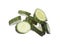 Cucumber fly fall, green fresh vegetable cucumber cut chop slice. Organic fresh vegetable with eaten leaf of long cucumber, close