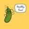 Cucumber with speech bubble. Balloon sticker. Cool vegetable. Vector illustration. Cucumber clever nerd character. Healthy food co