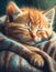 A cuddly ginger kitten nestles in a cozy blanket, peacefully dozing off with a contented purr