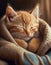 A cuddly ginger kitten nestles in a cozy blanket, peacefully dozing off with a contented purr