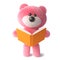 Cuddly pink fluffy teddy bear character reading a book, 3d illustration