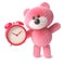 Cuddly pink fluffy teddy bear toy setting the alarm for the morning, 3d illustration
