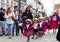 Cuenca, Ecuador. Group of girls dancers dressed in colorful costumes as cuencanas at the parade