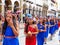 Cuenca, Ecuador. Group of girls teenagers dancers dressed in colorful costumes as amazones