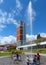 Cuenca, Ecuador. Modern Observation Tower and fountain in park Libertad park Freedomr