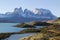 The Cuernos del Paine Horns of Paine and Lake Pehoe in Torres del Paine National Park