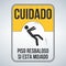 cuidado piso resbaloso si esta mojado. Caution Wet Floor spanish sign, yellow sign with falling man in modern style. Isolated vect