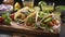 Culinary Art. Delectable Tacos Presented on a Kitchen Wood Board. Generative AI