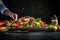 Culinary artistry, chef presents healthy salad on chalk blackboard copy space