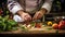 Culinary Artistry: Chef\\\'s Hands Crafting Gourmet Dish with Vibrant Fresh Ingredients Dynamic Kitchen Scene