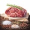 Culinary artistry Raw beef rib eye steak with salt, pepper, herbs