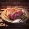 Culinary artistry Raw beef rib eye steak with salt, pepper, herbs
