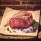 Culinary artistry Raw beef rib eye steak with salt, pepper, herbs