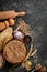 Culinary background: flour, rye, wheat, kitchen utensils. Baking. Top view. Rustic style