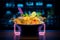 Culinary brilliance in neon A visual treat of illuminated and appetizing food