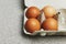 Culinary class in a kitchen. Four tinted brown chicken eggs in an open carton box on the table ready for cooking. Close-up view