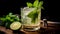 Culinary cocktail Mojito drink, ice, leaf, freshness, lime, citrus fruit generated by AI