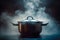 Culinary creation Steaming pot, dark background, logo, and saucepan