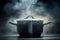 Culinary creation Steaming pot, dark background, logo, and saucepan