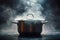 Culinary creation Steaming pot, dark background, logo, and saucepan