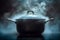 Culinary creation Steaming pot, dark background, logo, and saucepan