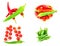 Culinary design set of hot peppers red green pod long. Cherry Ornament on a branch with chili pepper basket of tomatoes green pod