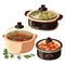 Culinary Ensemble: Vector Illustration of Cooking Pots, Pans, and Stewed Meat