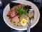 Culinary Harmony: Cenital Shot of Japanese Ramen with Meat and Egg