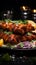 Culinary harmony Chicken kebab on lavash, served with fresh herbs, onion, and tangy adjika