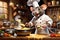 Culinary Maestro: Rat Dressed in a Professional Chef\\\'s Uniform Whisking a Bowl on a Wooden Kitchen Bench