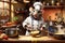 Culinary Maestro: Rat Dressed in a Professional Chef\\\'s Uniform Whisking a Bowl on a Wooden Kitchen Bench