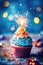 Culinary Magic: Festive Cupcake with Cream, Sweets, and Candle - Generative AI