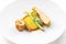 Culinary masterpiece of chicken breast. Cooked chicken breast with corn puree and sauce