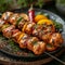 Culinary Masterpiece: Close-Up of Chicken Kebab Skewers on a Black Plate