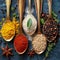 Culinary medley Milled spices on golden spoons, top view
