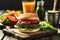 Culinary Photo: Focusing on a Sumptuous Gourmet Burger from Top View, Sesame Bun Glistening Perfectly