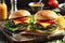 Culinary Photo: Focusing on a Sumptuous Gourmet Burger from Top View, Sesame Bun Glistening Perfectly