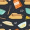 Culinary Products and Kitchen Utensil Seamless Pattern, Culinary and Cooking Background, Wallpaper, Textile, Packaging