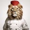 Culinary Roar: Lion Dressed in Chef Costume Isolated on White Background. Generative ai