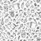 Culinary seamless pattern with vegetables and fruits, saucepan, jar and berries and recipe book