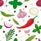 Culinary spice seamless pattern. Cartoon onion, chili peppers and garlic. Fresh basil, green rosemary, slices onions