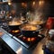 Culinary symphony Pots simmer with cooking food on a gas stove