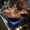 Culinary symphony Pots simmer with cooking food on a gas stove