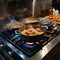 Culinary symphony Pots simmer with cooking food on a gas stove