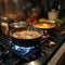 Culinary symphony Pots simmer with cooking food on a gas stove