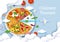 Culinary tourism vector poster, banner template. Paper cut plane flying out of big italian pizza. World culinary tours.