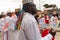 Cultural demonstration called Encontro de Chegancas in Saubara, Bahia. Members of a Marujada wear white clothes with colors and