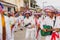 Cultural demonstration called Encontro de Chegancas in Saubara, Bahia. Members of a Marujada wear white clothes with colors and