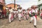 Cultural demonstration called Encontro de Chegancas in Saubara, Bahia. Members of a Marujada wear white clothes with colors and