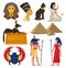 Cultural elements of ancient Egypt. Pharaoh and queen, sacred animals, Egyptian pyramids and people. Flat vector set